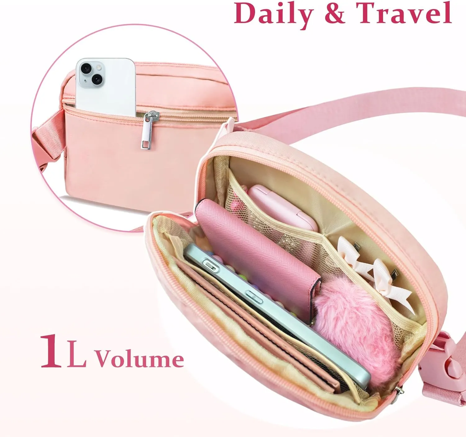 COSHAYSOO Pink Belt Bag Small Waist Fanny Pack Crossbody Purse with Initial Chenille Letter for Teenager Girls Personalized Birthday Valentines Easter Gifts, Travel Everywhere Cross Body Pouch (L)