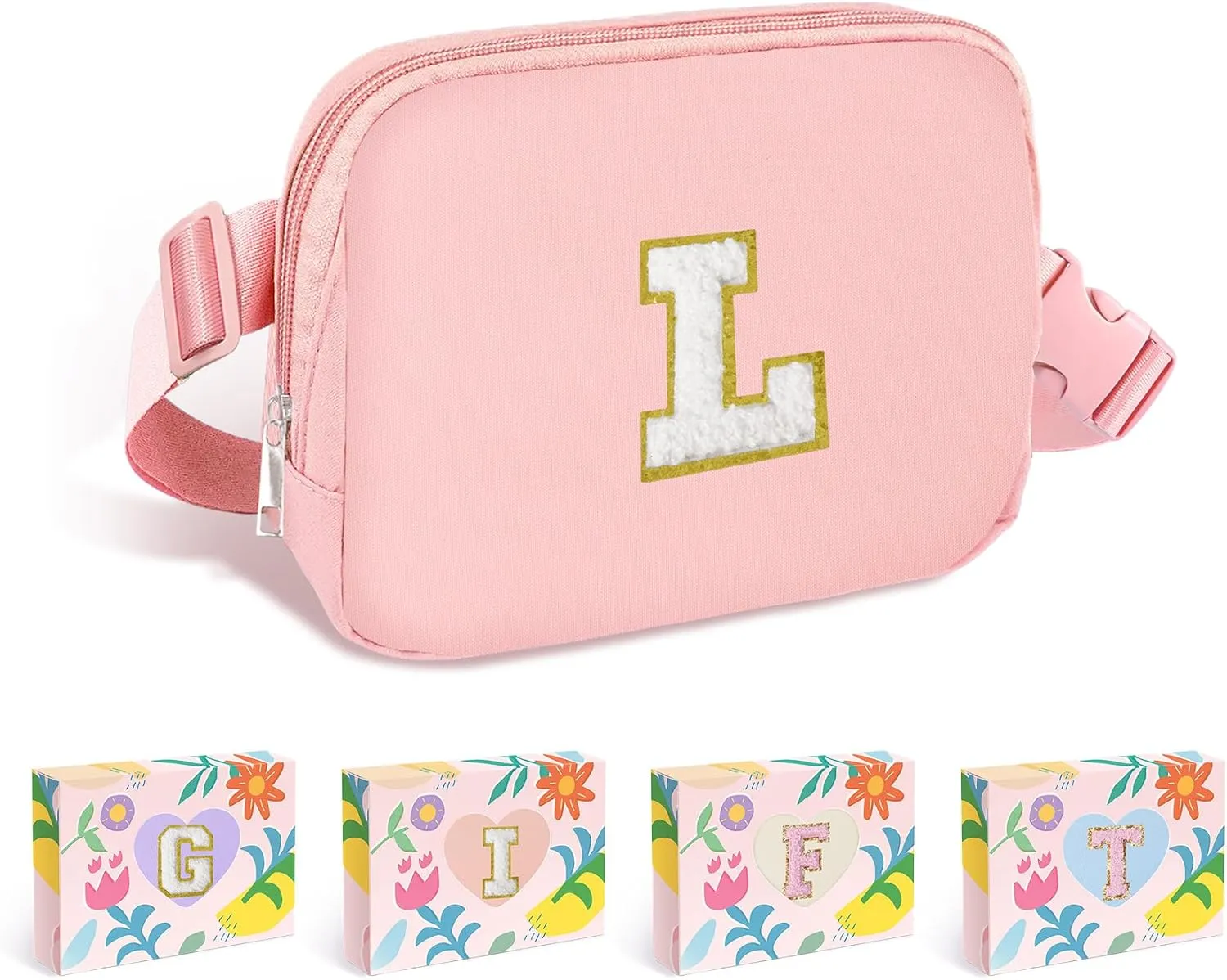 COSHAYSOO Pink Belt Bag Small Waist Fanny Pack Crossbody Purse with Initial Chenille Letter for Teenager Girls Personalized Birthday Valentines Easter Gifts, Travel Everywhere Cross Body Pouch (L)