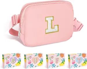 COSHAYSOO Pink Belt Bag Small Waist Fanny Pack Crossbody Purse with Initial Chenille Letter for Teenager Girls Personalized Birthday Valentines Easter Gifts, Travel Everywhere Cross Body Pouch (L)