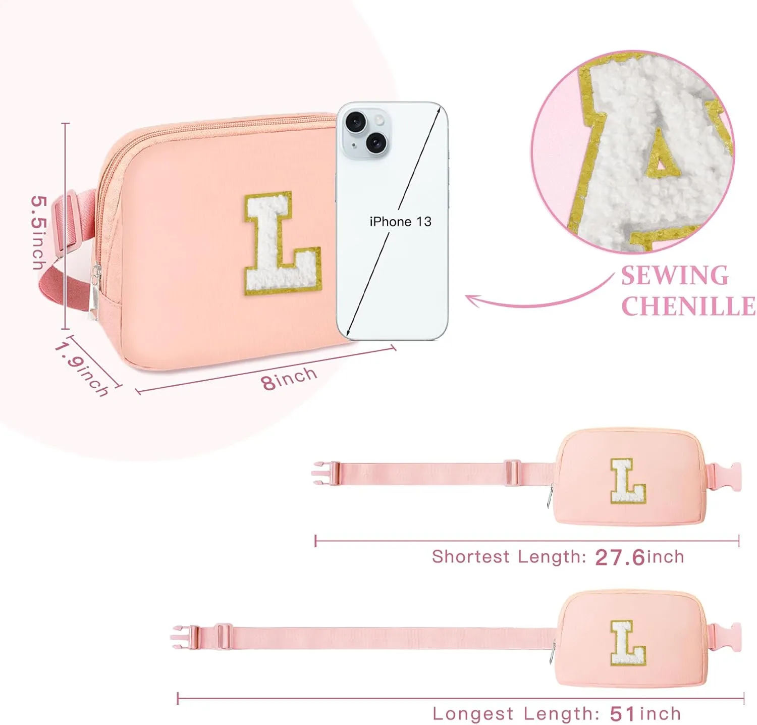 COSHAYSOO Pink Belt Bag Small Waist Fanny Pack Crossbody Purse with Initial Chenille Letter for Teenager Girls Personalized Birthday Valentines Easter Gifts, Travel Everywhere Cross Body Pouch (L)