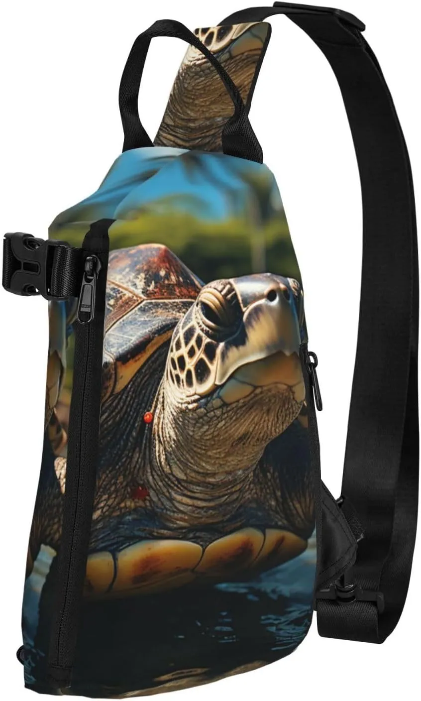 Crossbody Sling Backpack Big turtle and palm trees Sling Bag for Women Men Chest Bag Fashion Waist Bag Adjustable Fanny Pack