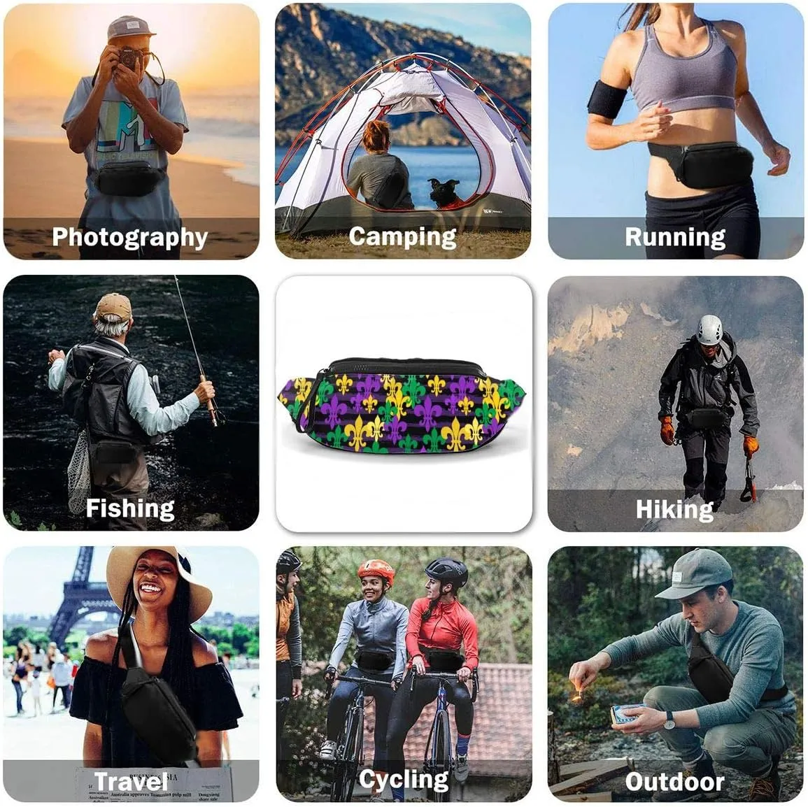 Dujiea Fanny Pack, Mardi Gras. Waist Bag with Headphone Hole Belt Bag Adjustable Sling Pocket Fashion Hip Bum Bag for Women Men Kids Outdoors Casual Travelling Hiking Cycling