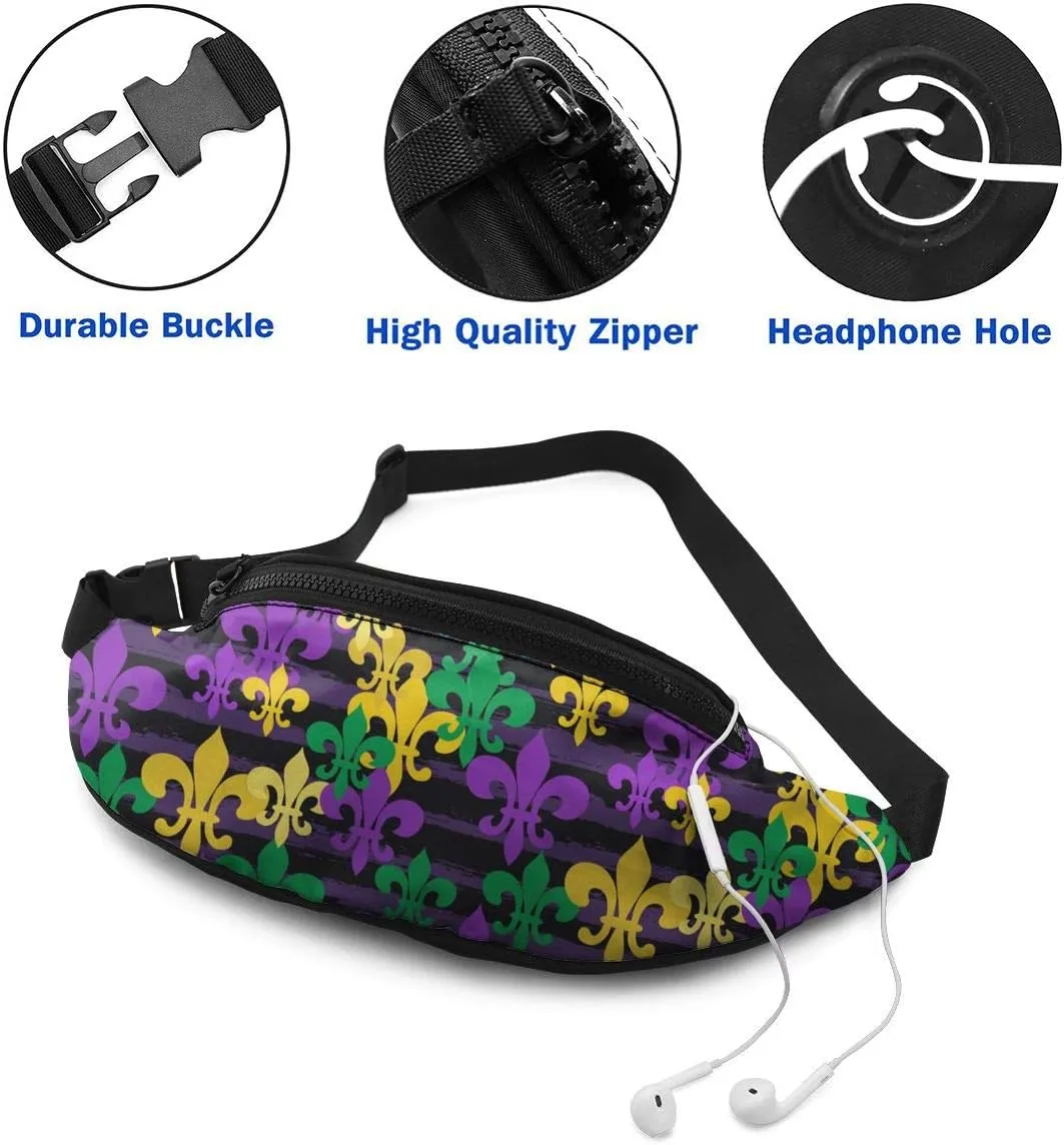 Dujiea Fanny Pack, Mardi Gras. Waist Bag with Headphone Hole Belt Bag Adjustable Sling Pocket Fashion Hip Bum Bag for Women Men Kids Outdoors Casual Travelling Hiking Cycling