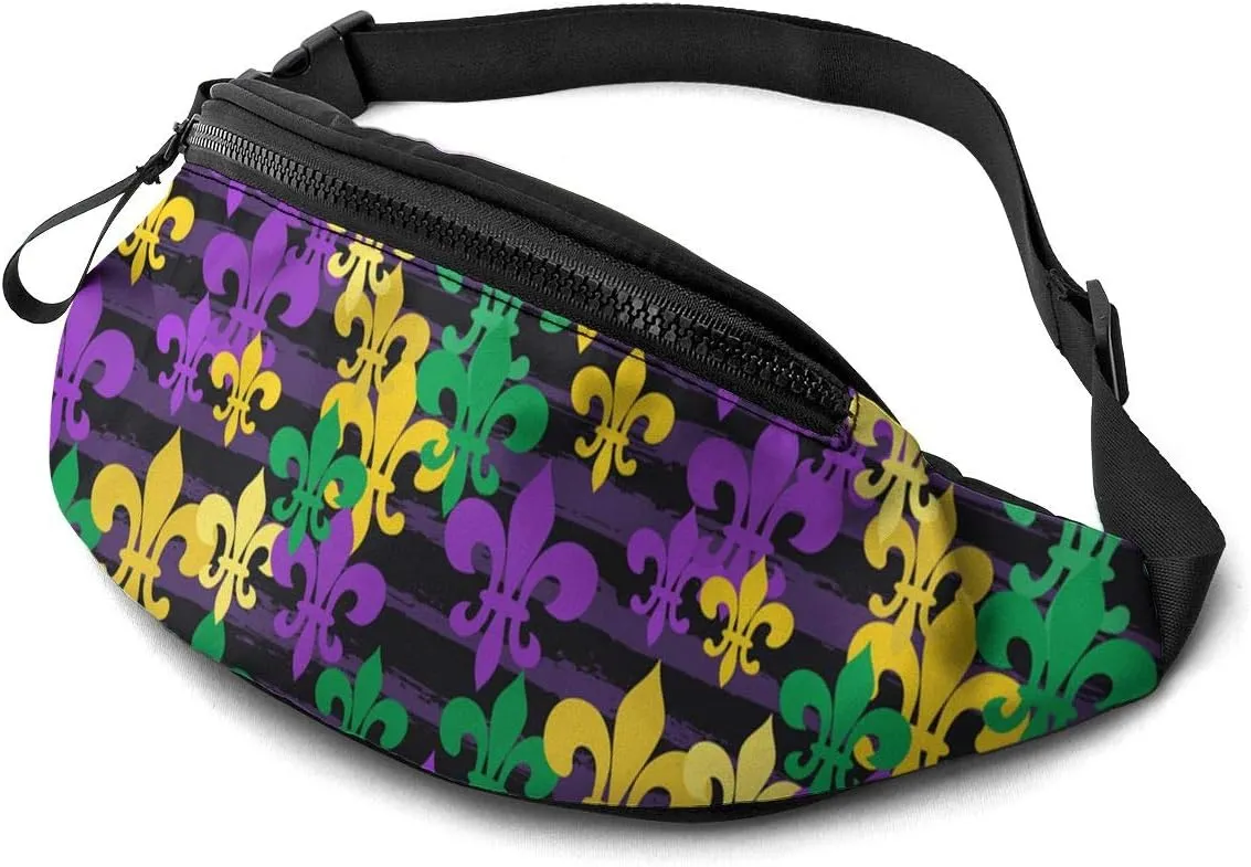Dujiea Fanny Pack, Mardi Gras. Waist Bag with Headphone Hole Belt Bag Adjustable Sling Pocket Fashion Hip Bum Bag for Women Men Kids Outdoors Casual Travelling Hiking Cycling