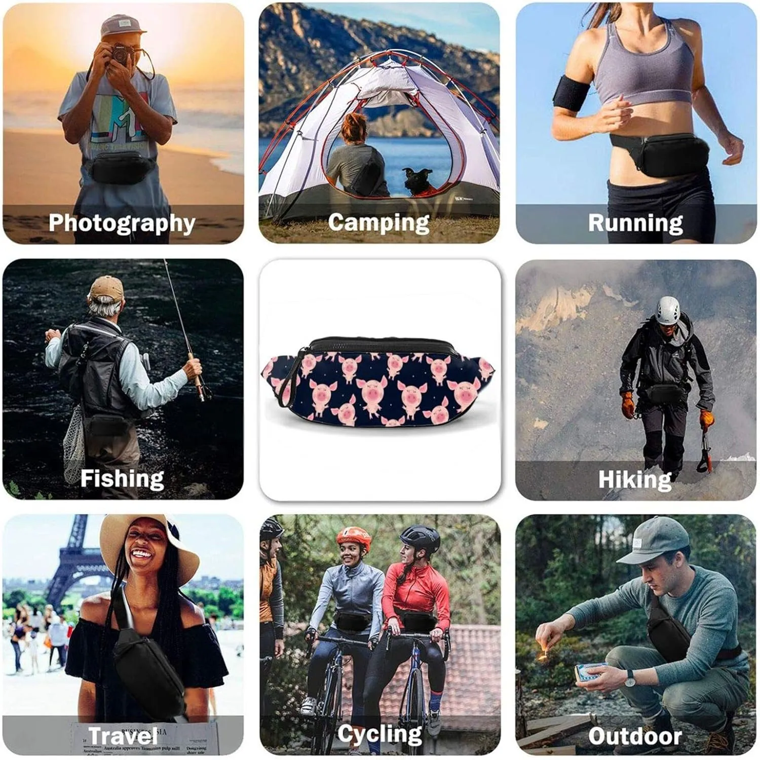 Dujiea Fanny Pack, Pink Pigs Waist Bag With Headphone Hole Belt Bag Adjustable Sling Pocket Fashion Hip Bum Bag For Women Men Kids Outdoors Casual Travelling Hiking Cycling