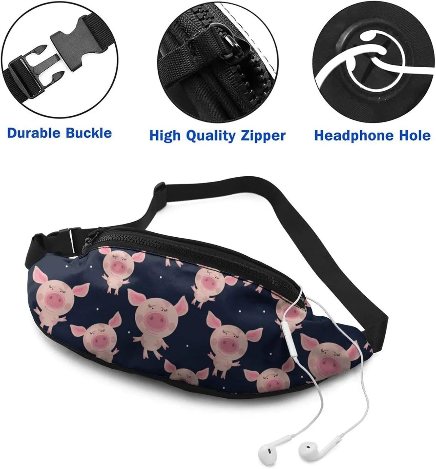 Dujiea Fanny Pack, Pink Pigs Waist Bag With Headphone Hole Belt Bag Adjustable Sling Pocket Fashion Hip Bum Bag For Women Men Kids Outdoors Casual Travelling Hiking Cycling