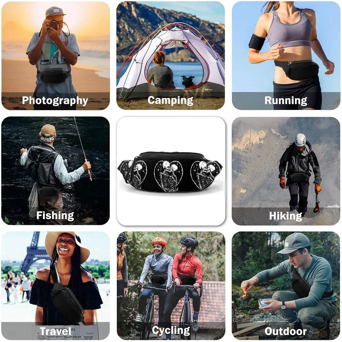 Dujiea Fanny Pack, Skull Skeleton Love Kissing Waist Bag with Headphone Hole Belt Bag Adjustable Sling Pocket Fashion Hip Bum Bag for Women Men Kids Outdoors Casual Travelling Hiking Cycling
