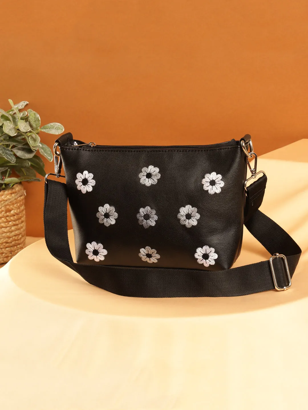 Embroidered Floral Black Sling Bag