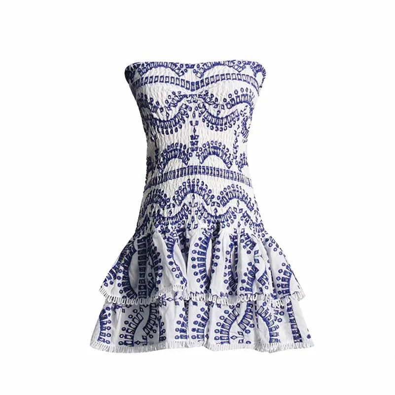 Embroidered Ruffled Mini Dress Strapless Summer Dress
