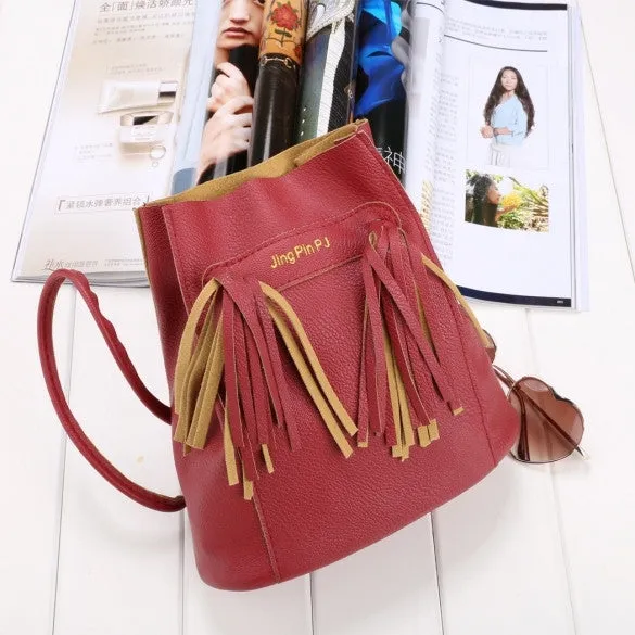 Fashion Women Soft Shoulder Bag Drawstring Bucket Bag With Tassel