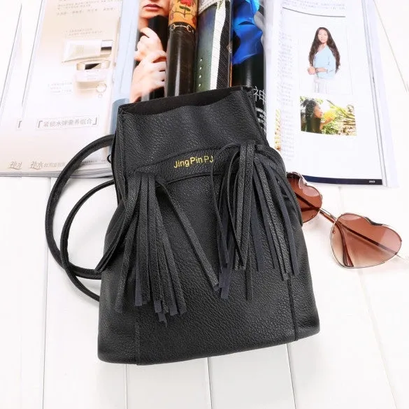Fashion Women Soft Shoulder Bag Drawstring Bucket Bag With Tassel