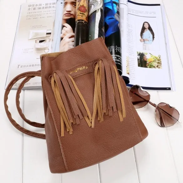 Fashion Women Soft Shoulder Bag Drawstring Bucket Bag With Tassel