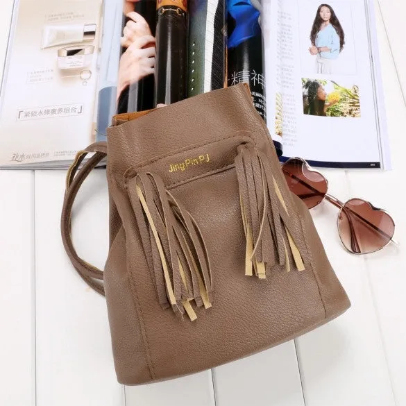 Fashion Women Soft Shoulder Bag Drawstring Bucket Bag With Tassel