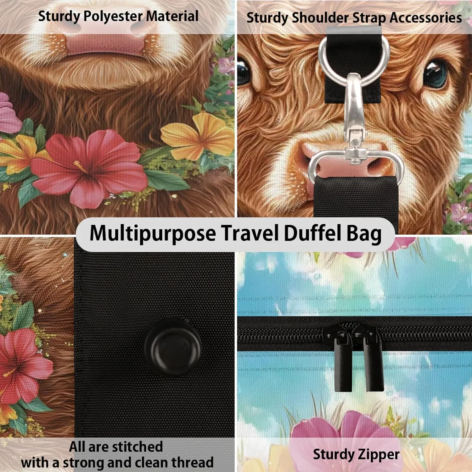 Funny Highland Cow Duffle Bag for Travel, Overnight Weekend Gym Carry On Luggage Bag, Rustic Farmhouse Bull Animal Travel Duffel Bag for Men Women