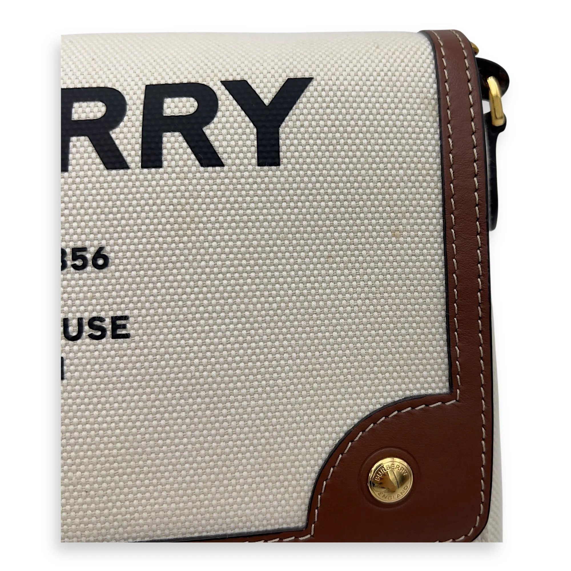 Horseferry Print Note Brown Crossbody Bag in Canvas, Gold hardware