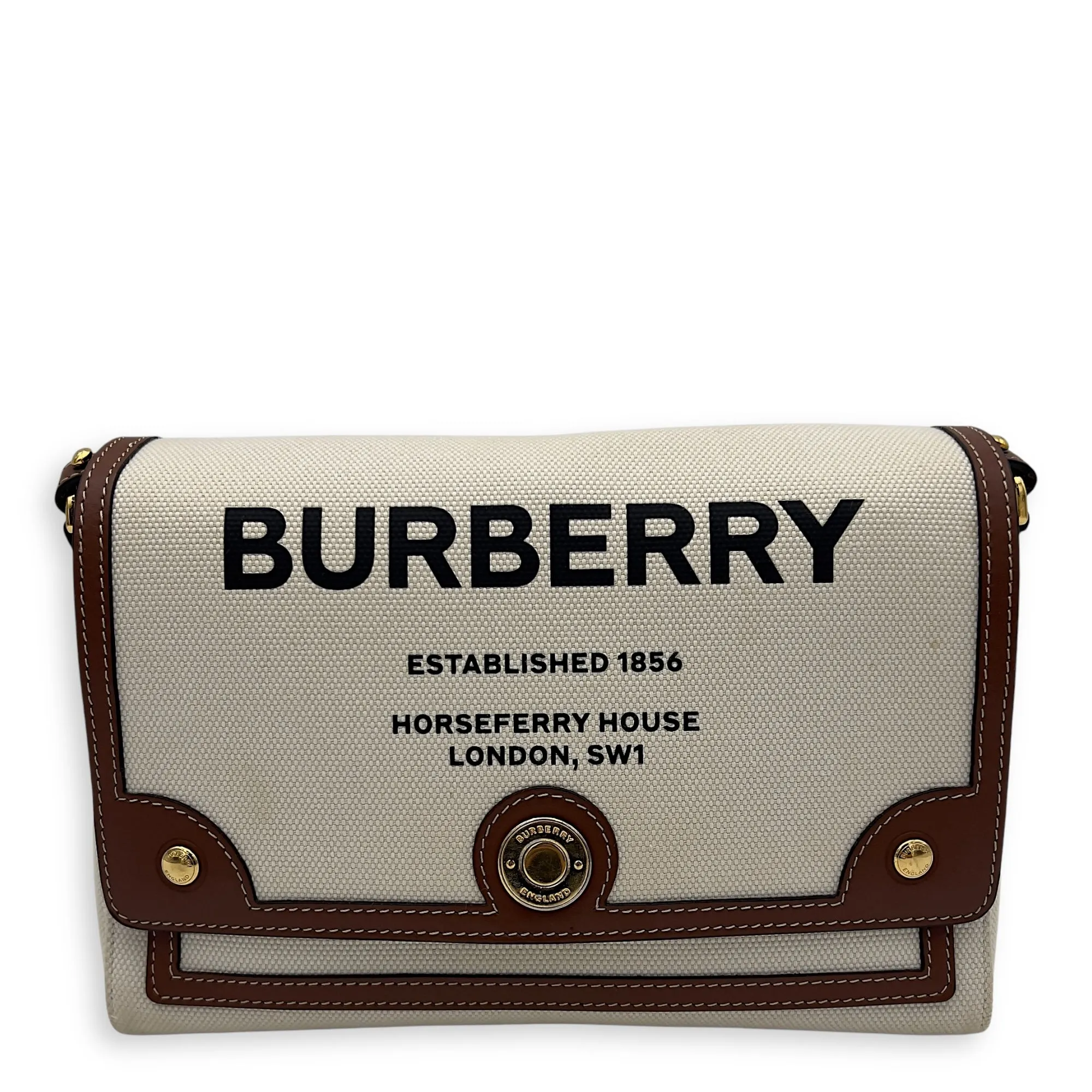 Horseferry Print Note Brown Crossbody Bag in Canvas, Gold hardware