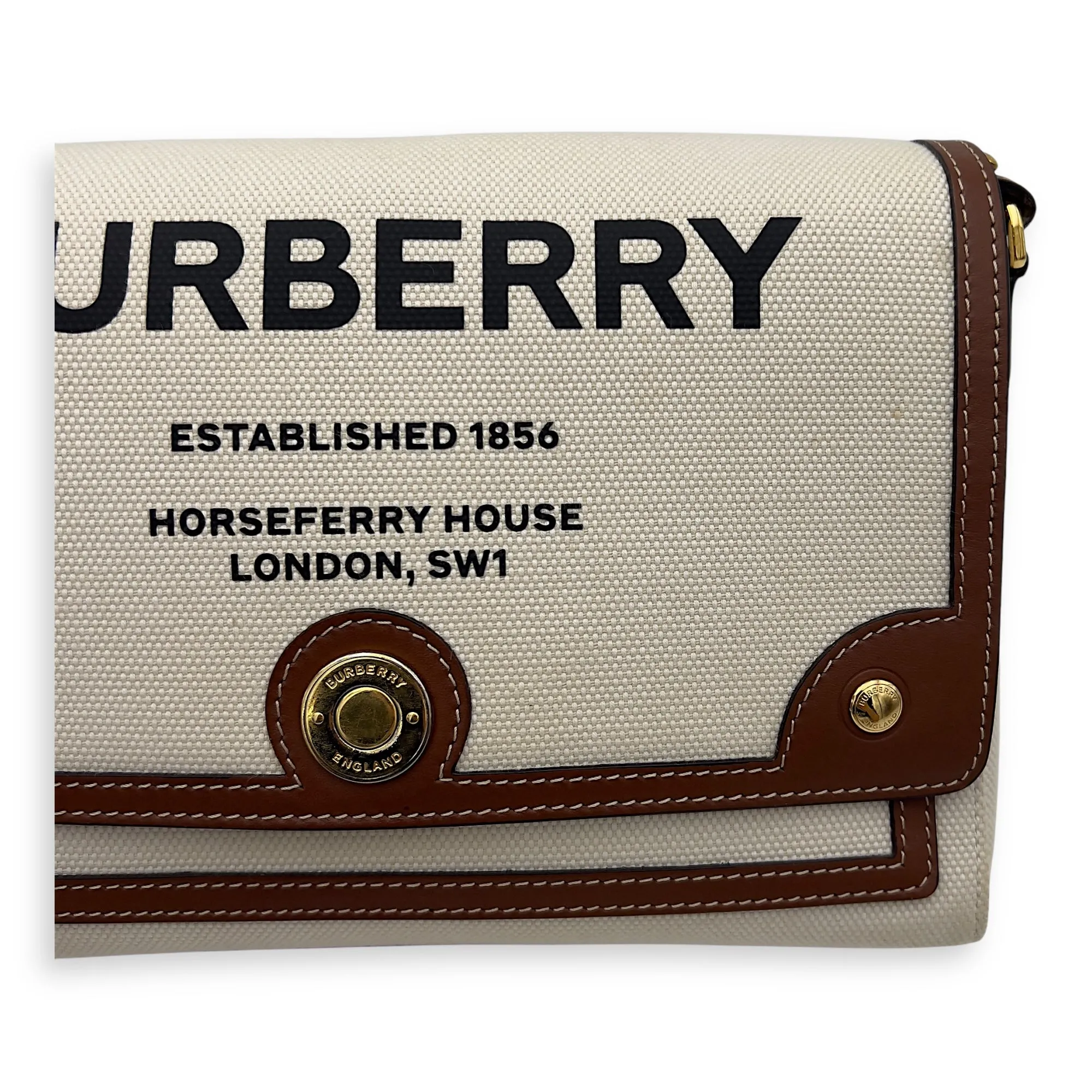Horseferry Print Note Brown Crossbody Bag in Canvas, Gold hardware