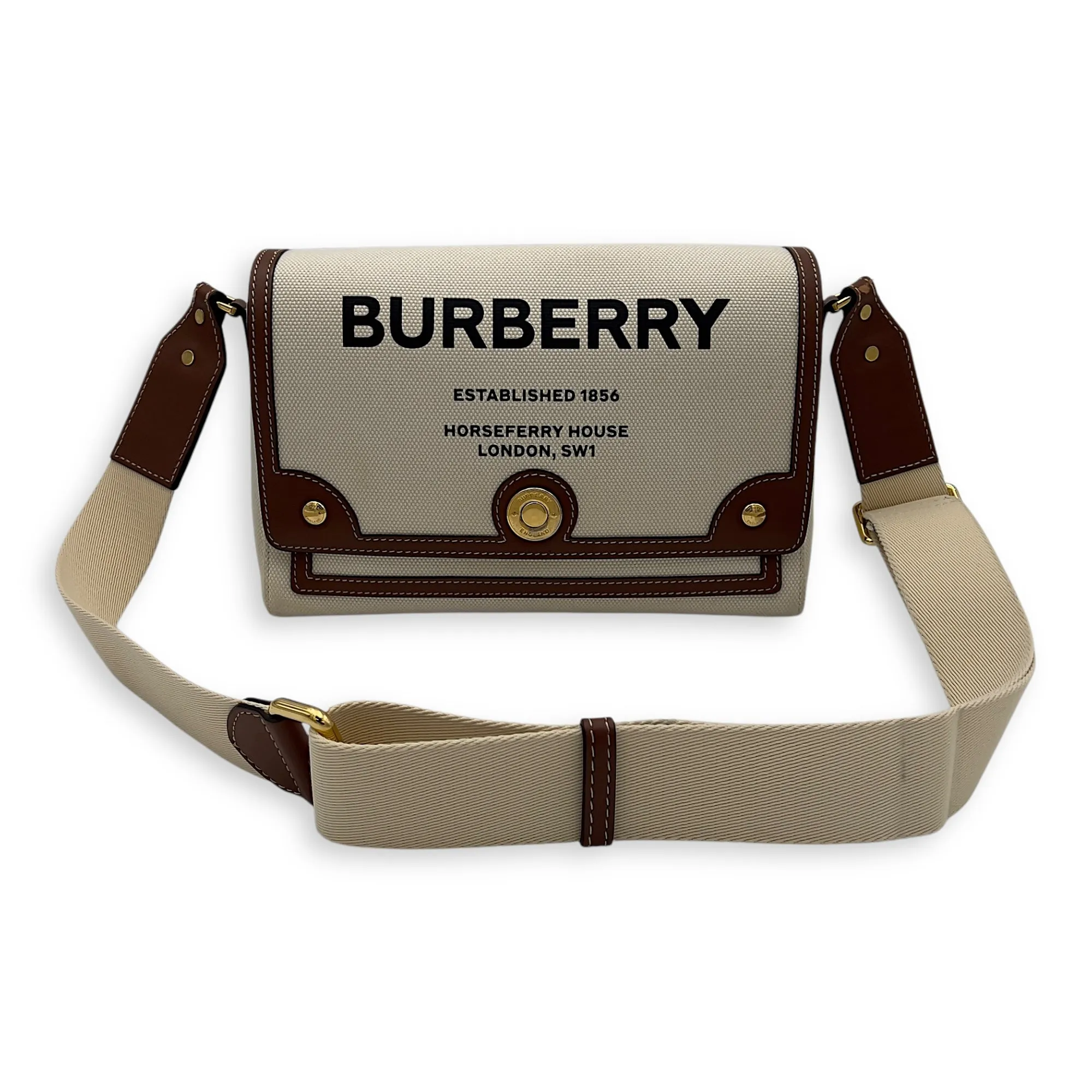 Horseferry Print Note Brown Crossbody Bag in Canvas, Gold hardware