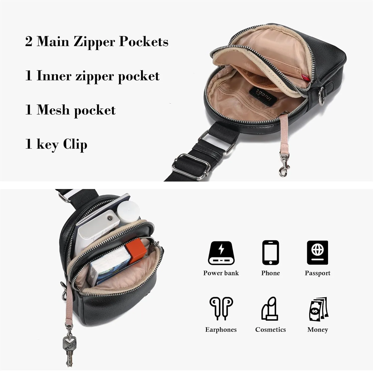 INICAT Small Crossbody Sling Bags for Women Vegan Leather Cell Phone Purse Fanny Packs for Women Men