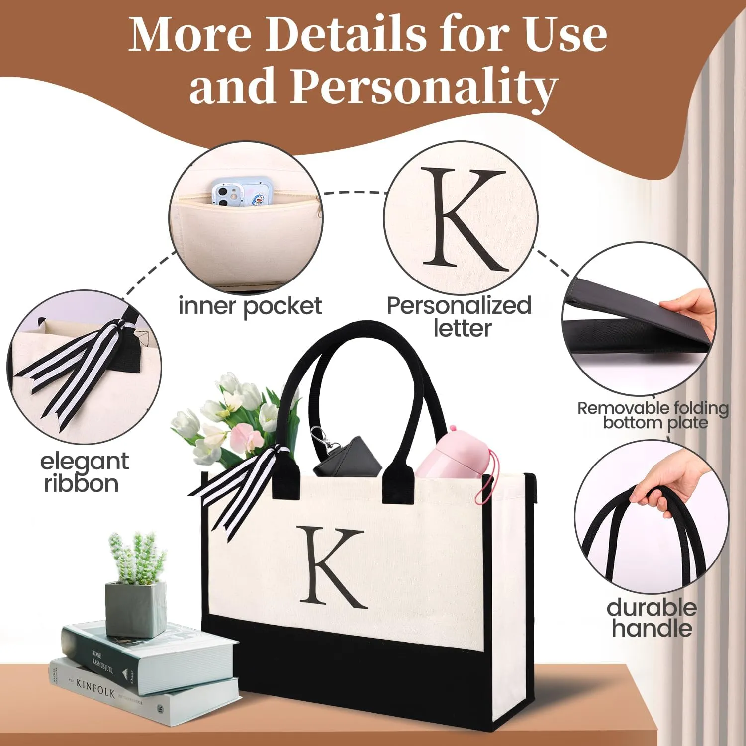 Initial Canvas Tote Bag for Women Personalized Beach Bags for Holiday Birthday Gifts for Mom, Mother's Day Gift