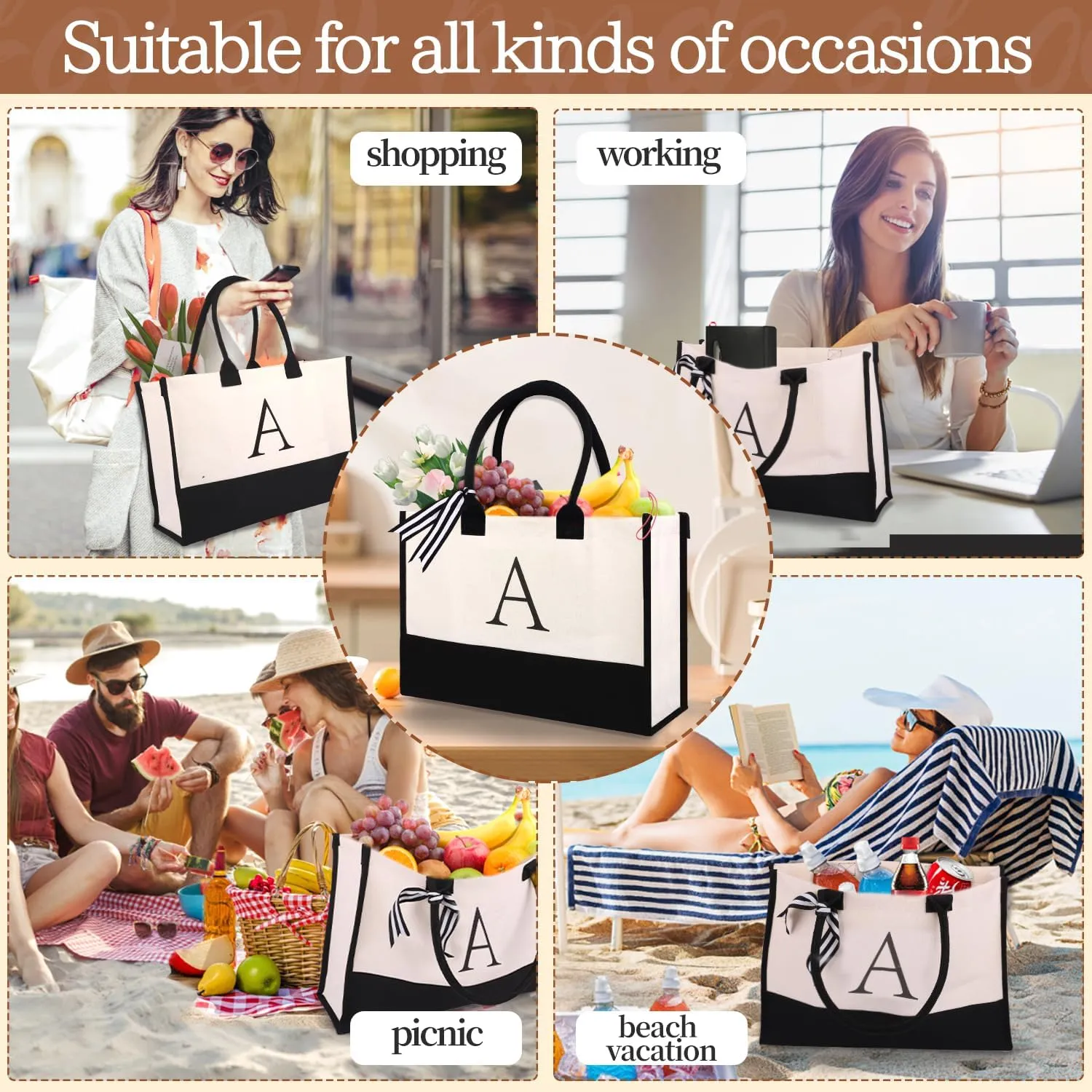 Initial Canvas Tote Bag for Women Personalized Beach Bags for Holiday Birthday Gifts for Mom, Mother's Day Gift