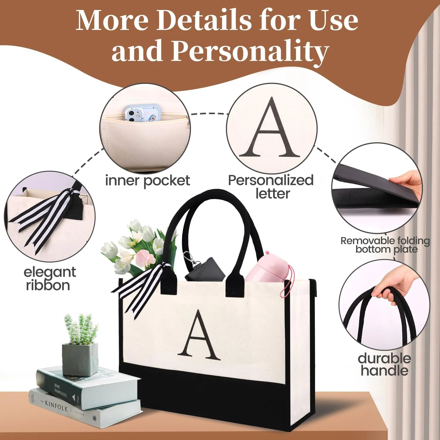 Initial Canvas Tote Bag for Women Personalized Beach Bags for Holiday Birthday Gifts for Mom, Mother's Day Gift