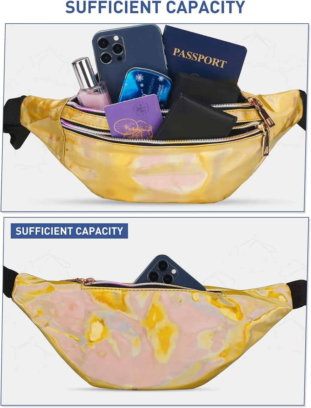 LIVACASA Holographic Fanny Packs for Women Cute Waist Packs Shiny Waist Bum Bag Waterproof for Travel Party Festival Running Hiking Gold