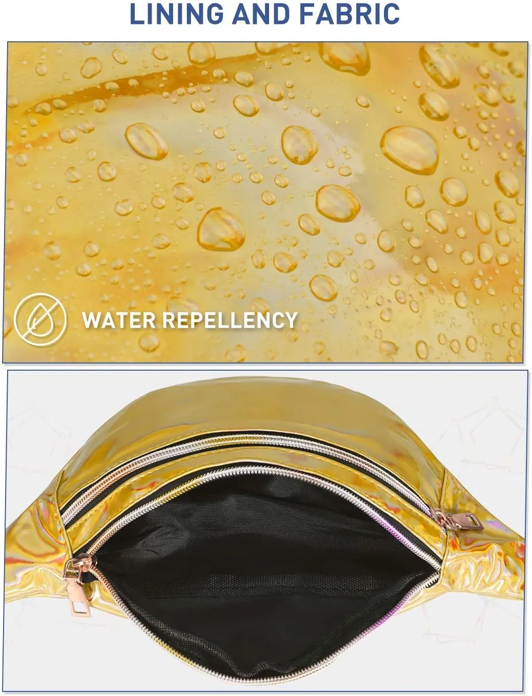 LIVACASA Holographic Fanny Packs for Women Cute Waist Packs Shiny Waist Bum Bag Waterproof for Travel Party Festival Running Hiking Gold