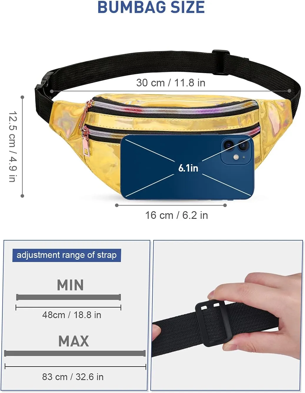 LIVACASA Holographic Fanny Packs for Women Cute Waist Packs Shiny Waist Bum Bag Waterproof for Travel Party Festival Running Hiking Gold
