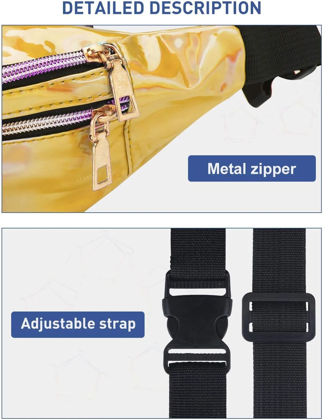 LIVACASA Holographic Fanny Packs for Women Cute Waist Packs Shiny Waist Bum Bag Waterproof for Travel Party Festival Running Hiking Gold