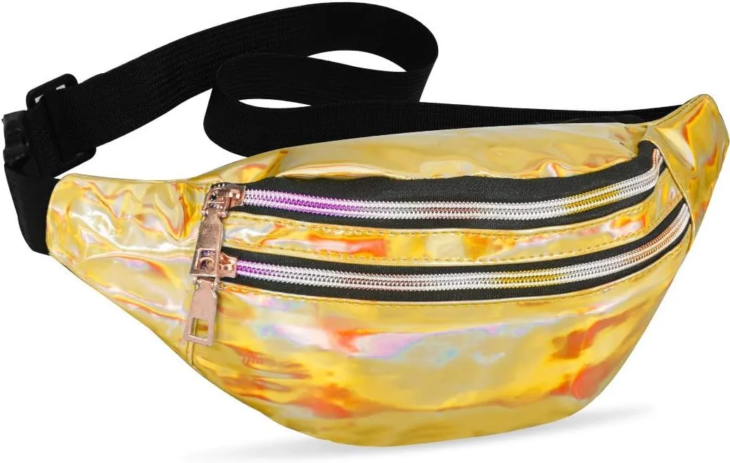 LIVACASA Holographic Fanny Packs for Women Cute Waist Packs Shiny Waist Bum Bag Waterproof for Travel Party Festival Running Hiking Gold