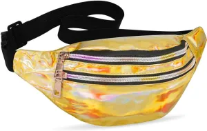 LIVACASA Holographic Fanny Packs for Women Cute Waist Packs Shiny Waist Bum Bag Waterproof for Travel Party Festival Running Hiking Gold