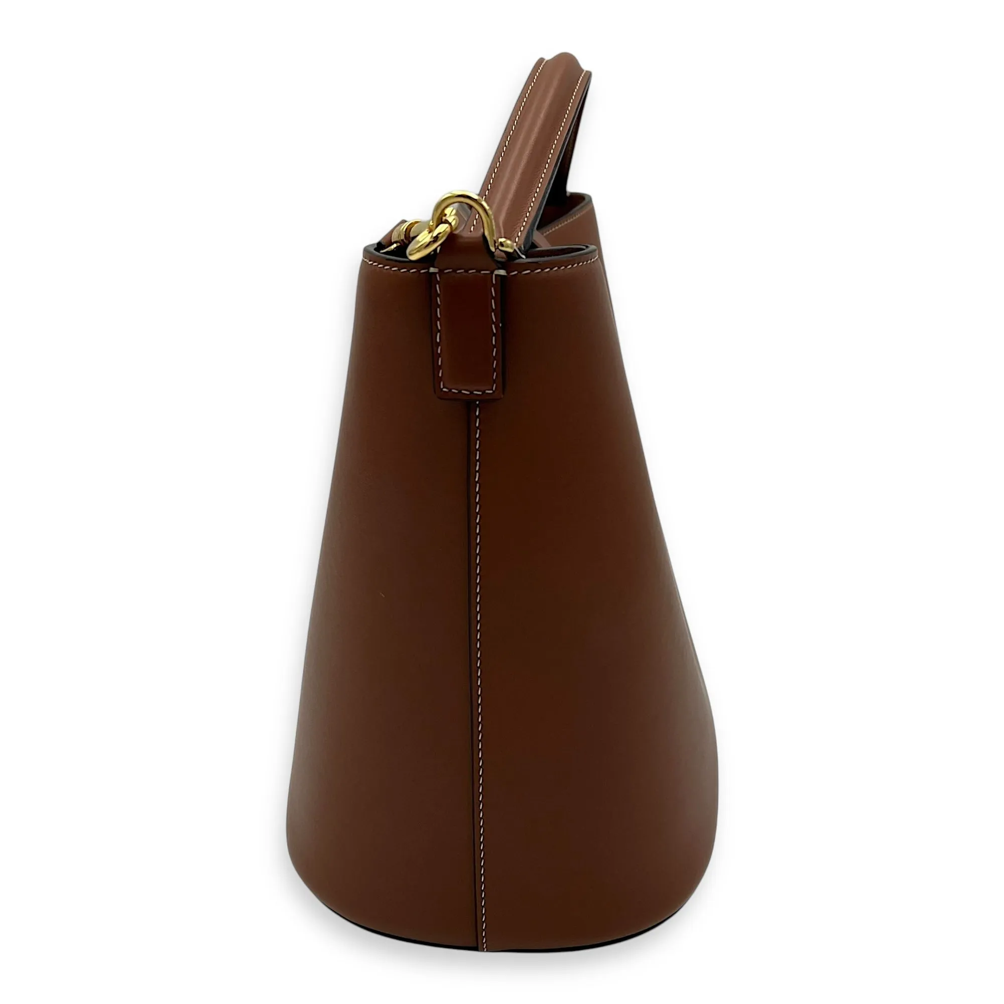 Louise Medium Brown Bucket Bag in Calfskin, Gold hardware