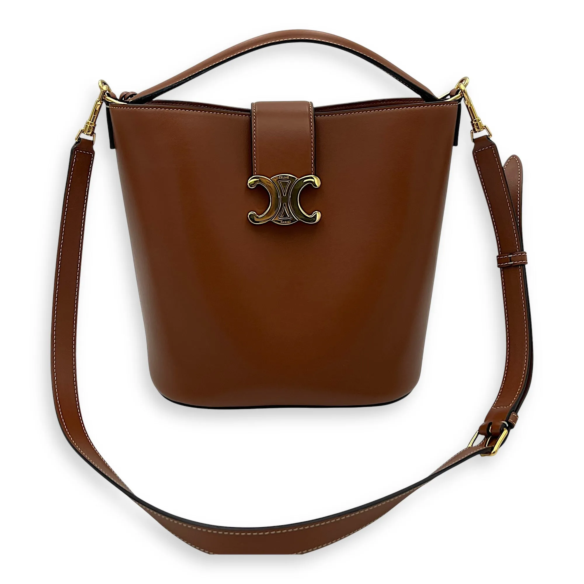 Louise Medium Brown Bucket Bag in Calfskin, Gold hardware