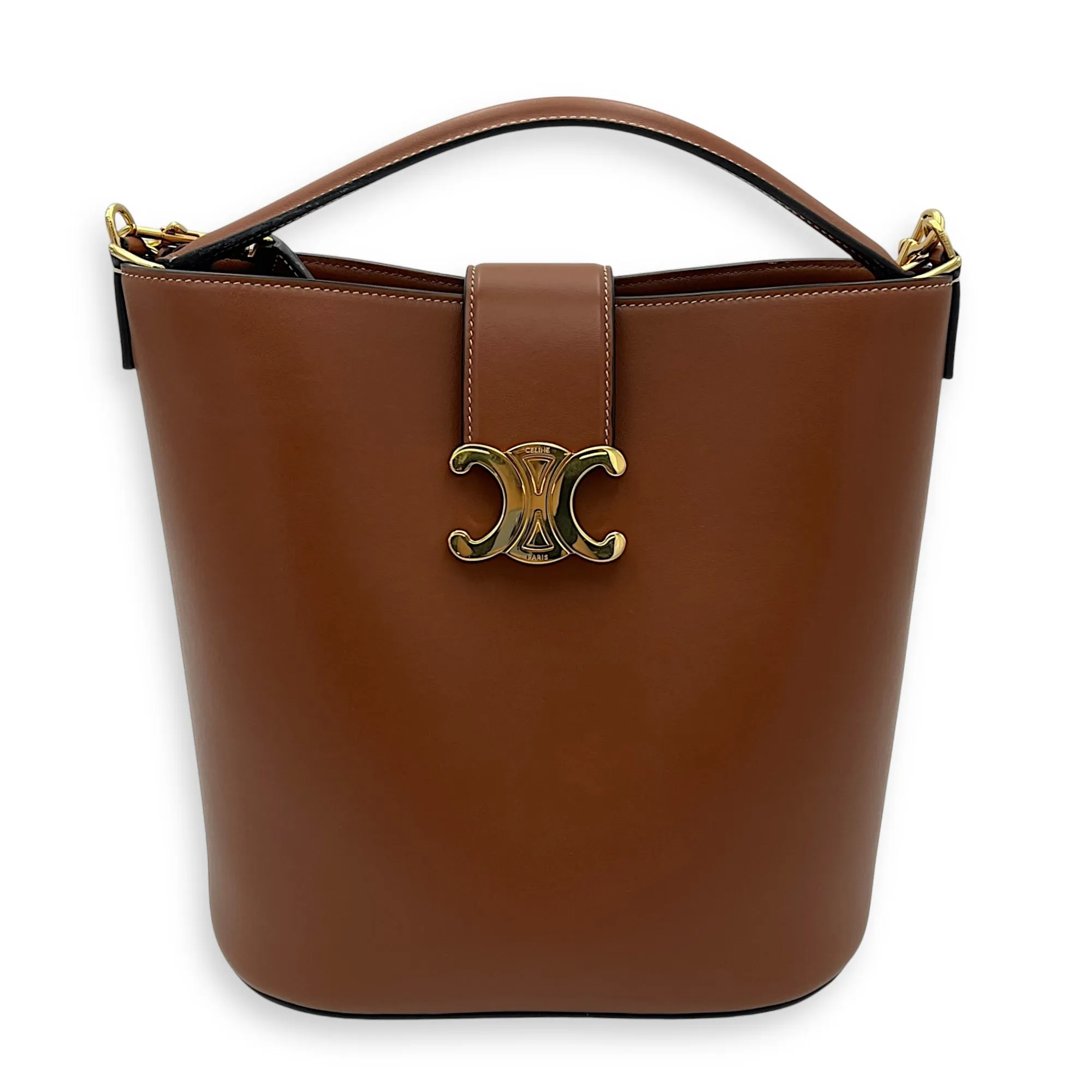 Louise Medium Brown Bucket Bag in Calfskin, Gold hardware