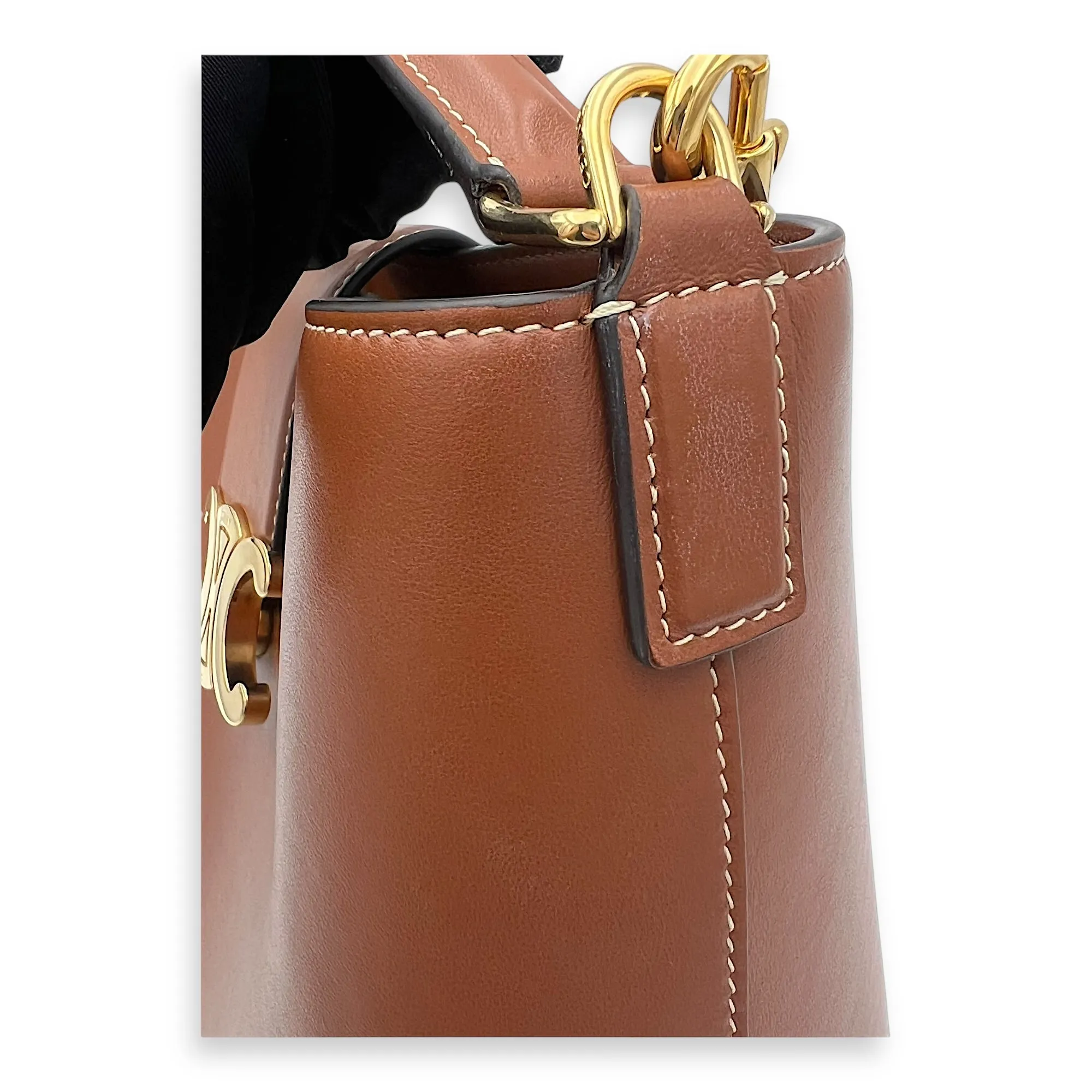 Louise Medium Brown Bucket Bag in Calfskin, Gold hardware