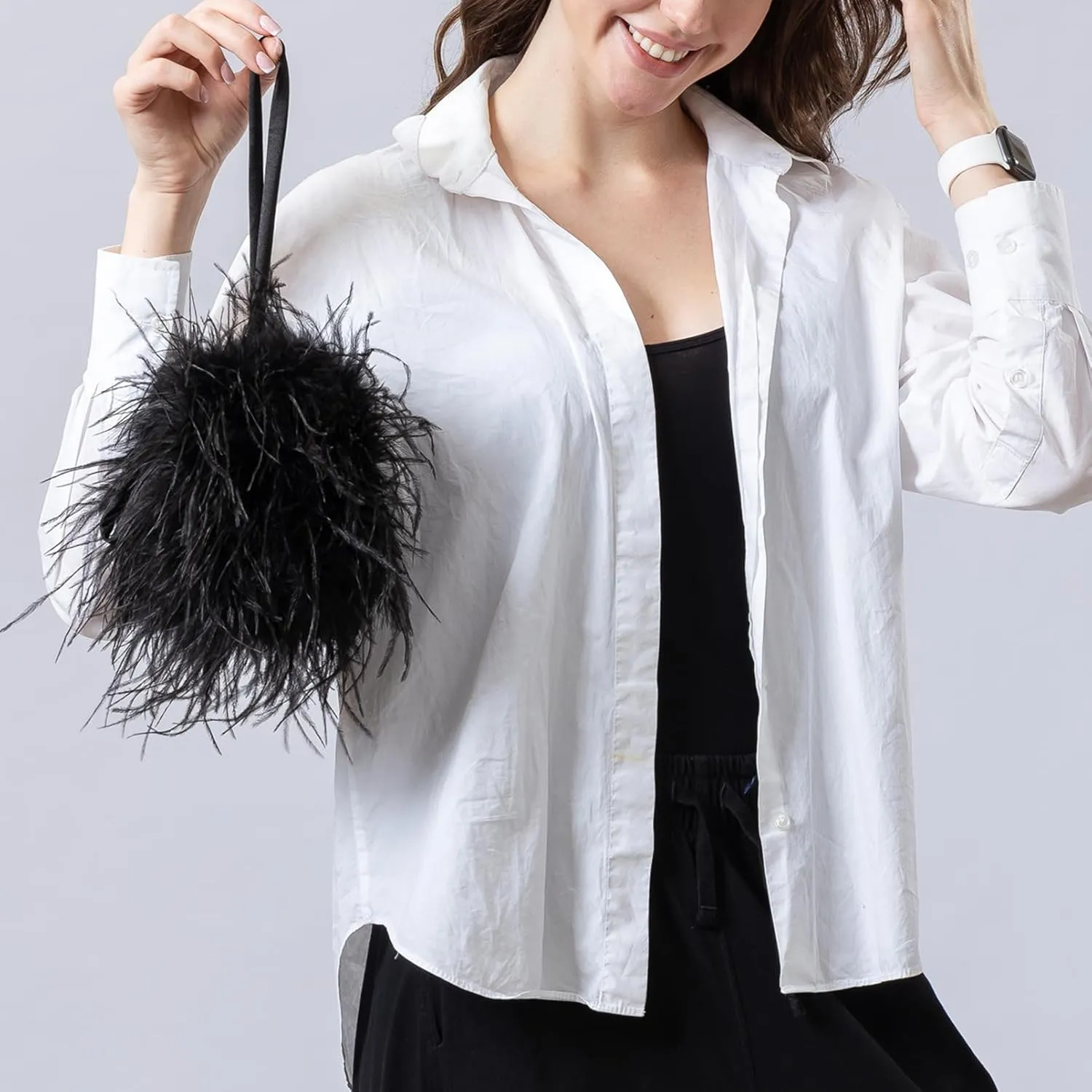 LVCOMEFF Women Ostrich Feather Drawstring Handbag Cute Mini Bucket Purse Furry for Party Wedding