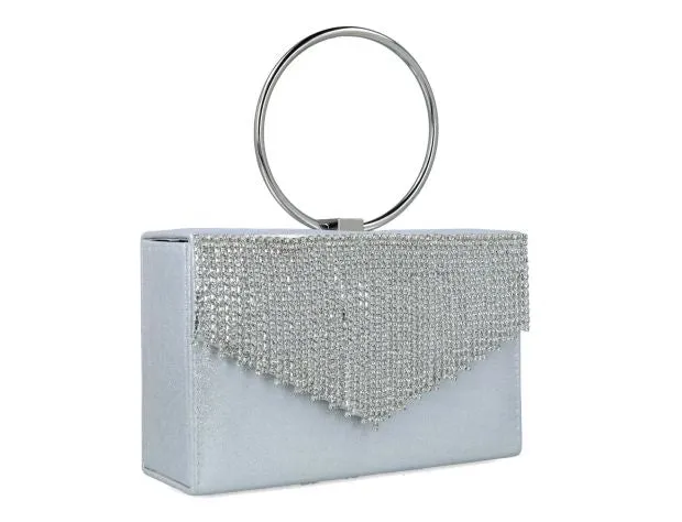 Menbur Silver Diamante Tassel Box Clutch
