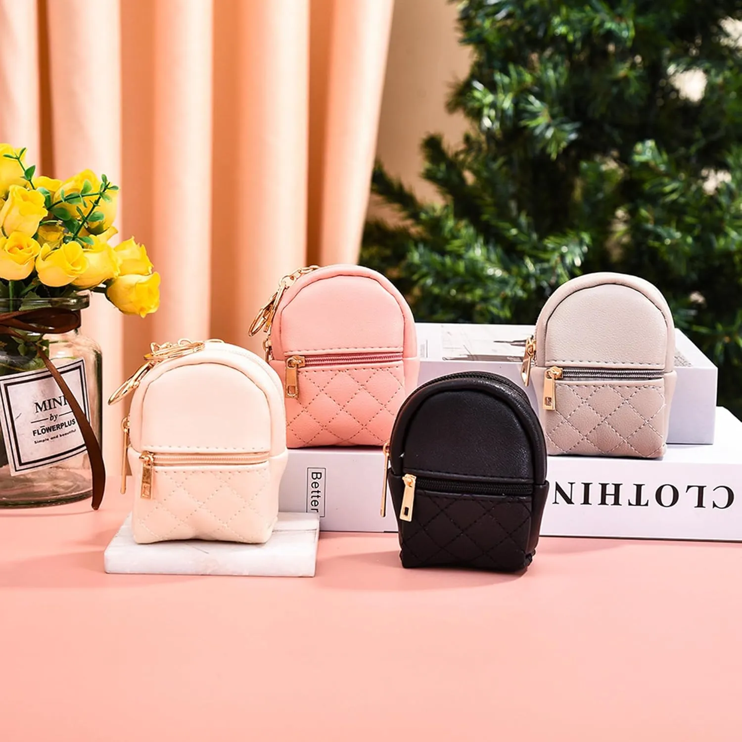 Mini Backpack Cute Cosmetic Bag for Women, Creative Cute Pendant Keychain Key-chains Keyrings PU Leather Makeup Bag Key Pocket Lipstick Bag Card Holder Data Cable Organizer Zipper Pouch (Light grey)