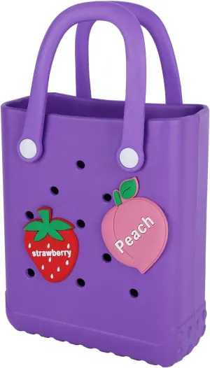 Mini Beach Rubber Tote Bag - Small Waterproof Bitty Washable Handbag with Charms for Women