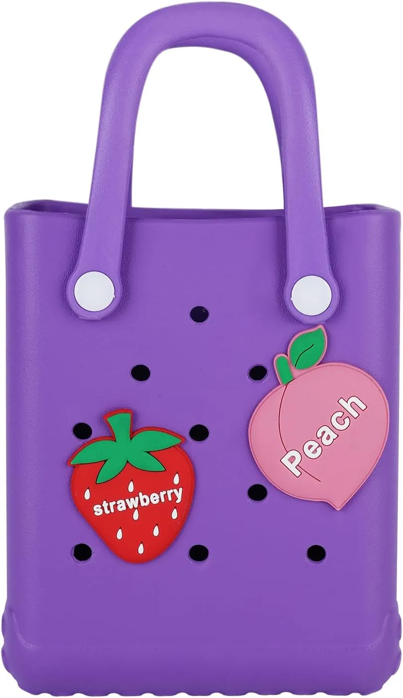 Mini Beach Rubber Tote Bag - Small Waterproof Bitty Washable Handbag with Charms for Women