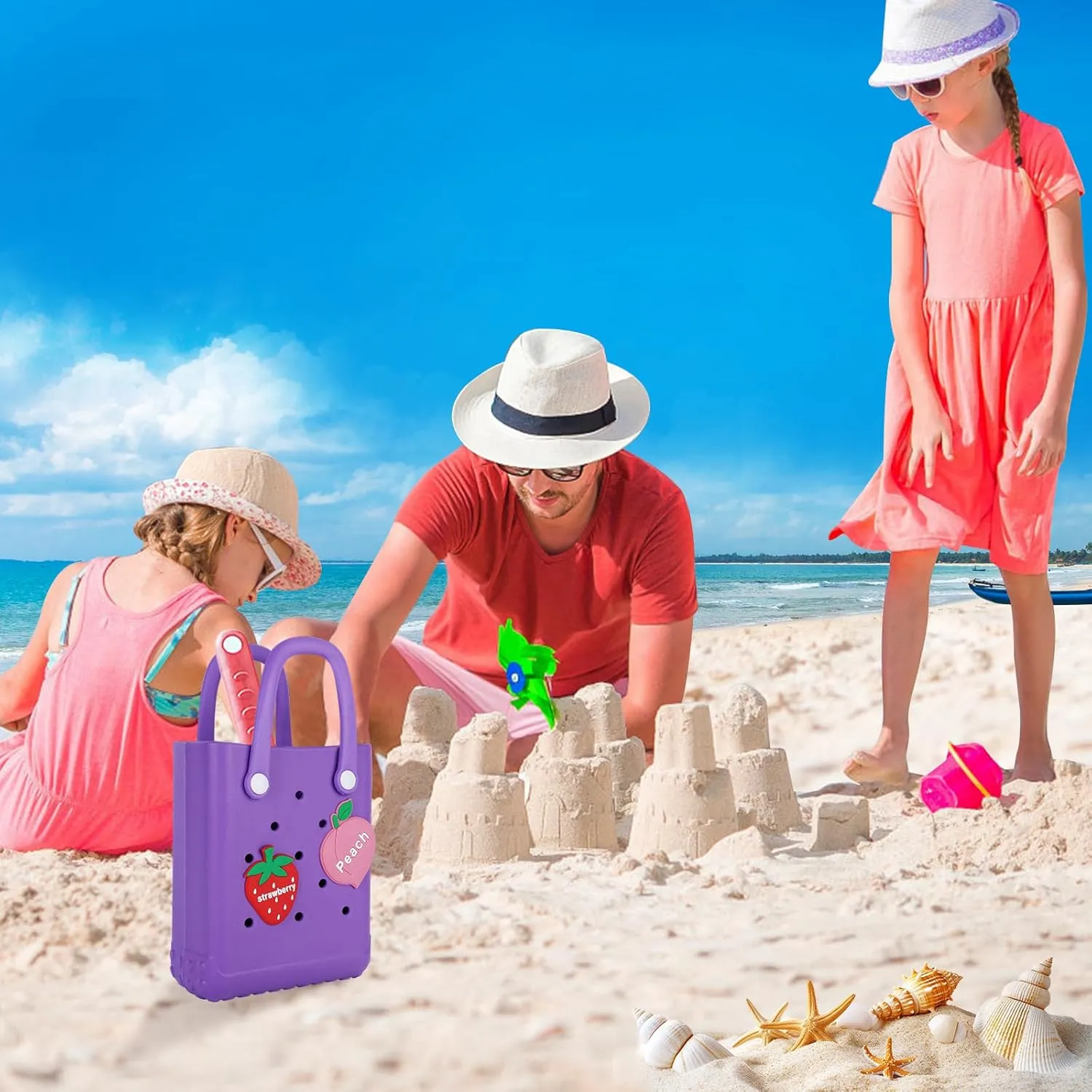 Mini Beach Rubber Tote Bag - Small Waterproof Bitty Washable Handbag with Charms for Women