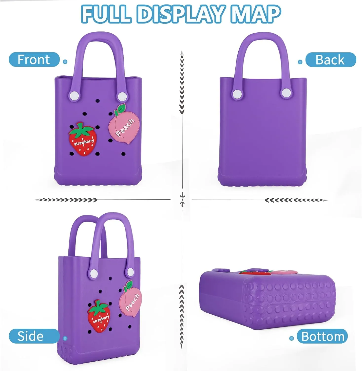 Mini Beach Rubber Tote Bag - Small Waterproof Bitty Washable Handbag with Charms for Women