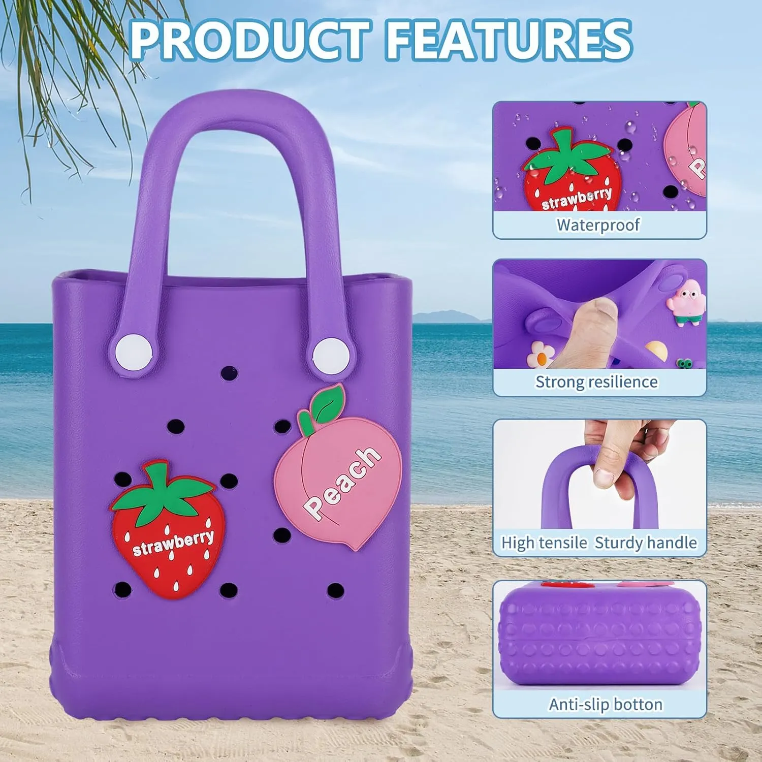 Mini Beach Rubber Tote Bag - Small Waterproof Bitty Washable Handbag with Charms for Women