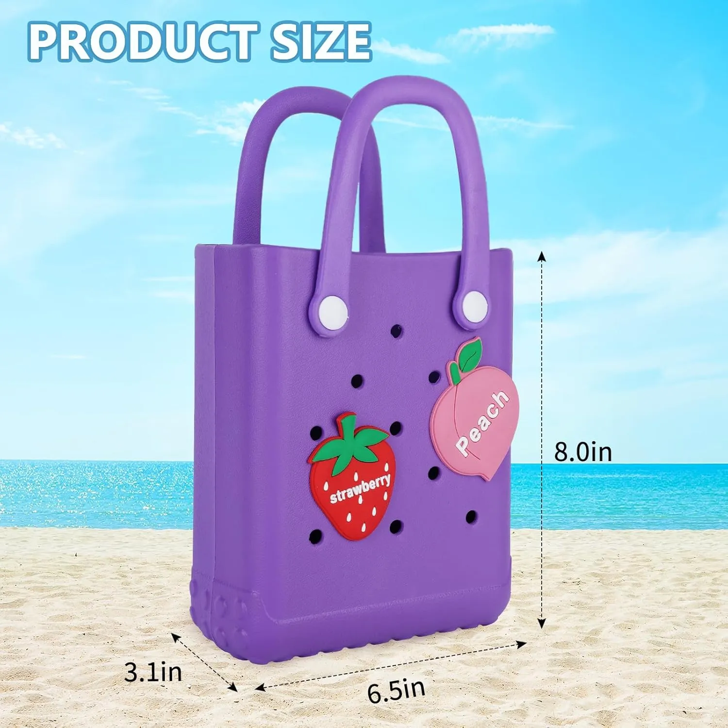 Mini Beach Rubber Tote Bag - Small Waterproof Bitty Washable Handbag with Charms for Women