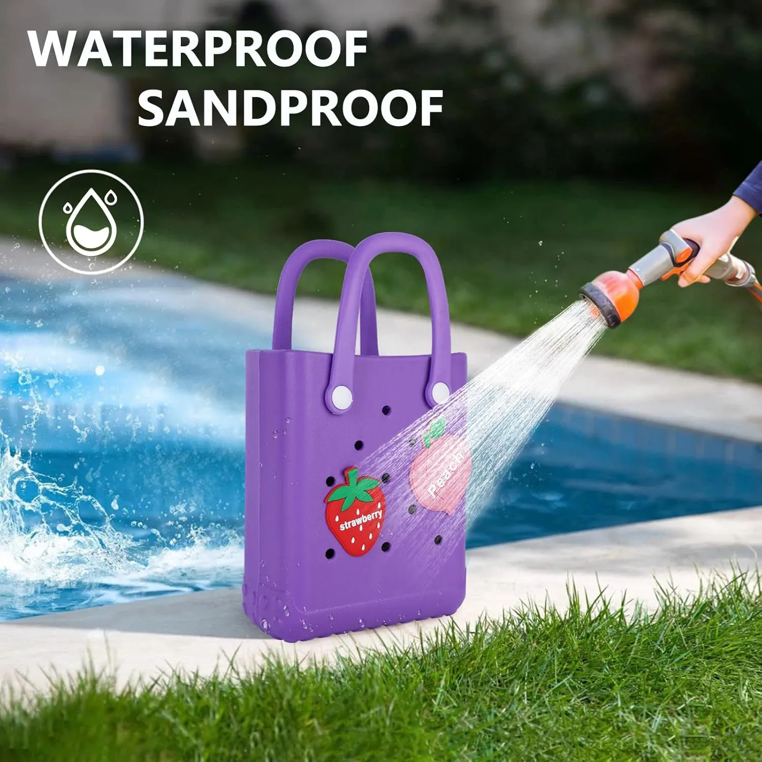 Mini Beach Rubber Tote Bag - Small Waterproof Bitty Washable Handbag with Charms for Women