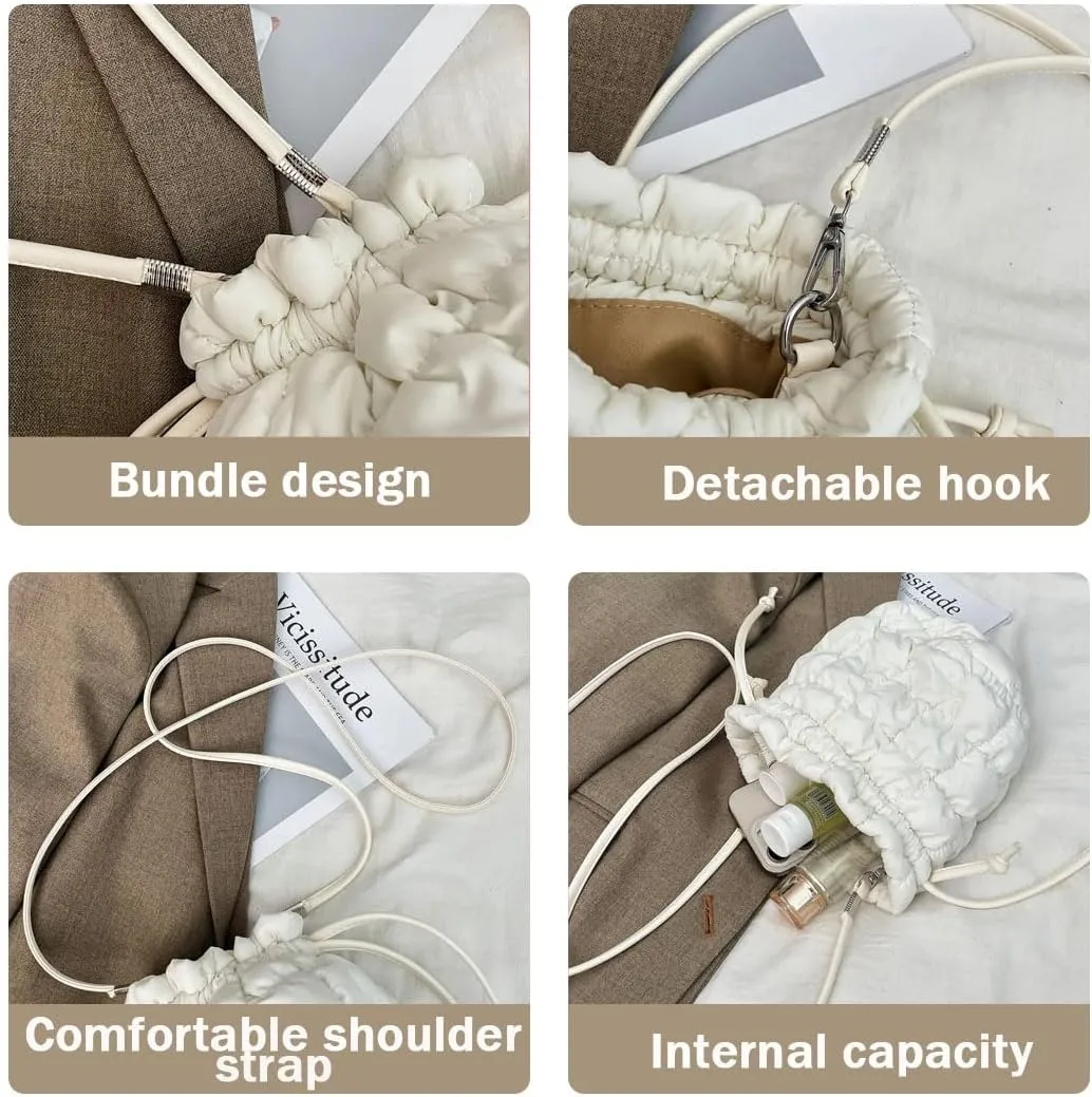 Mini Puffer Crossbody Bag for Women Quilted Drawstring Bucket Bag Puffy Purse Shoulder Nylon Hobo Handbag Lightweight