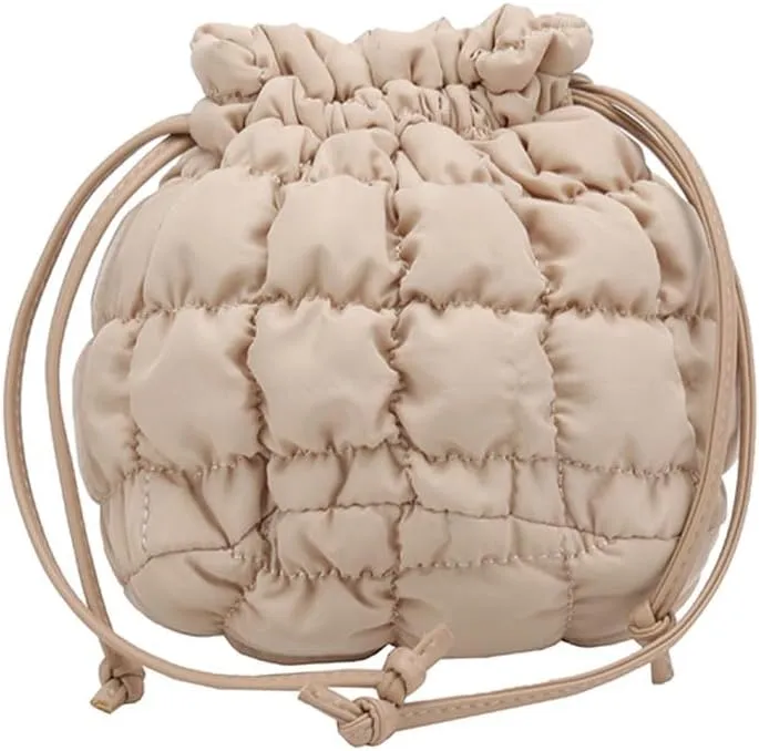 Mini Puffer Crossbody Bag for Women Quilted Drawstring Bucket Bag Puffy Purse Shoulder Nylon Hobo Handbag Lightweight