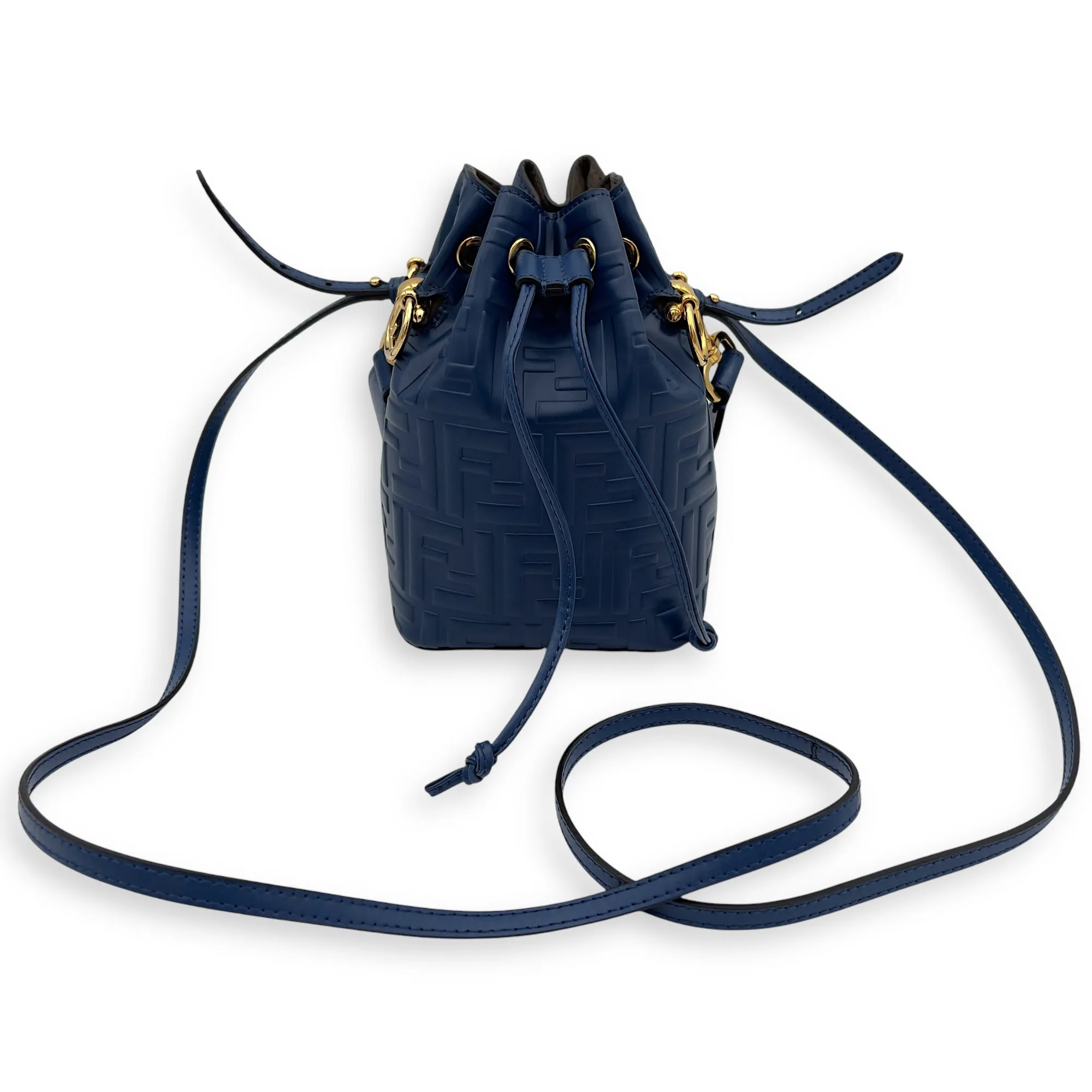 Mon Tresor Mini Blue Bucket Bag in Calfskin, Gold hardware