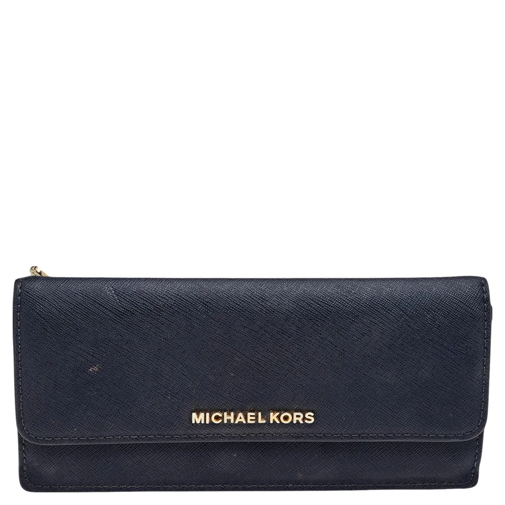 Navy Blue Saffiano Leather Jet Set Travel Flat Wallet